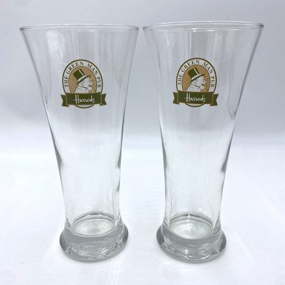 Green Man Pub Harrod’s Green & Gold Logo Pint Flared Beer Pilsner Glass RARE